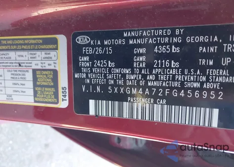 2015 Kia Optima Lx from USA, damaged, VIN 5XXGM4A72FG456952